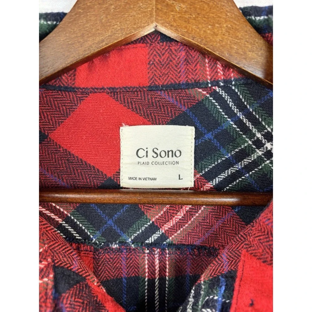 Ci Sono Lumberjack Plaid Shirt L Flannel Button Red Blue Pockets Slim Buffalo